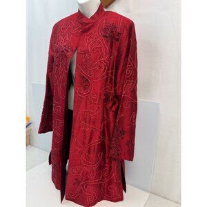 Womans Silk Red Duster Open front Oriental Look Large Embroidery & Sequins